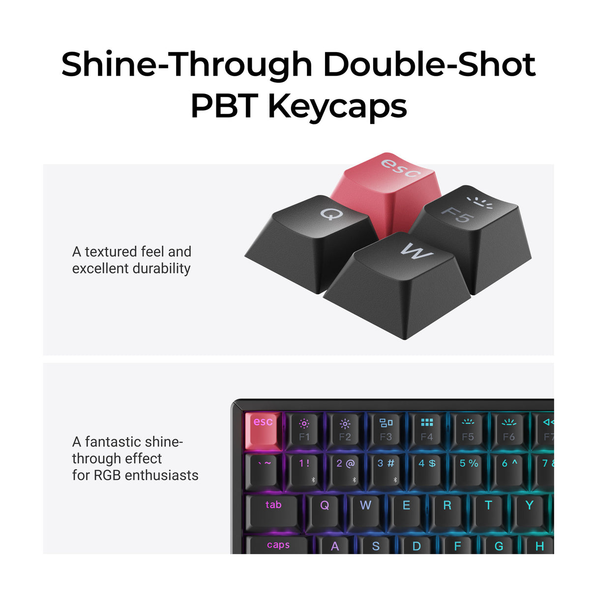 Keychron K2 QMK Wireless Mechanical Keyboard (Version 3) Double-shot Shinethrough Keycaps