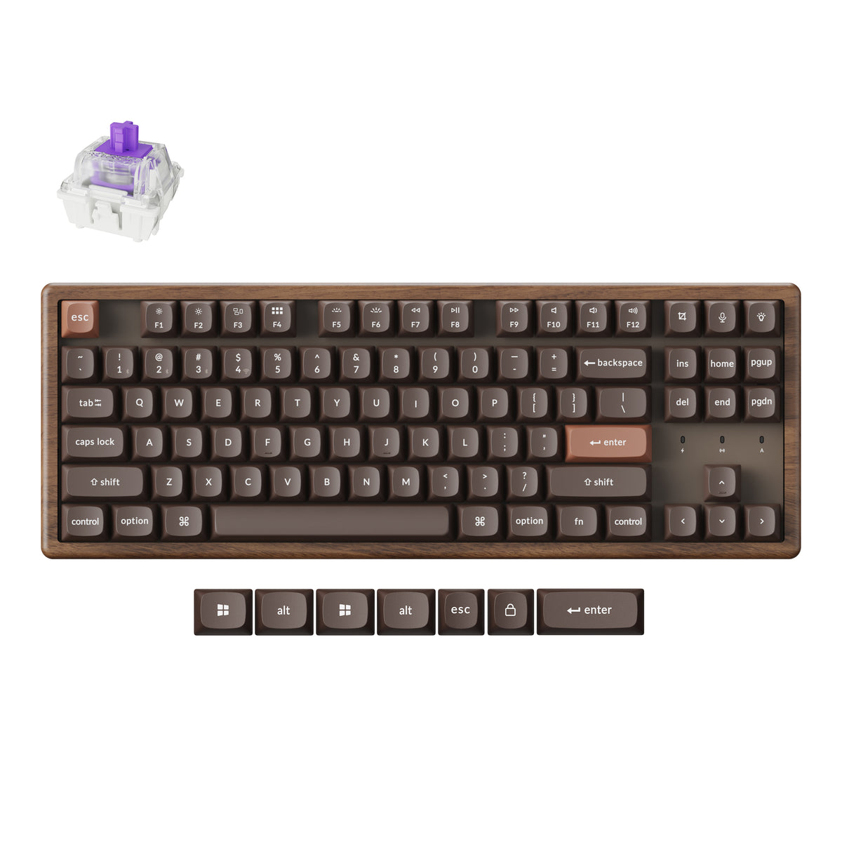 Wooden mechanical keyboard with a magnetic switch and extra Windows keycaps.