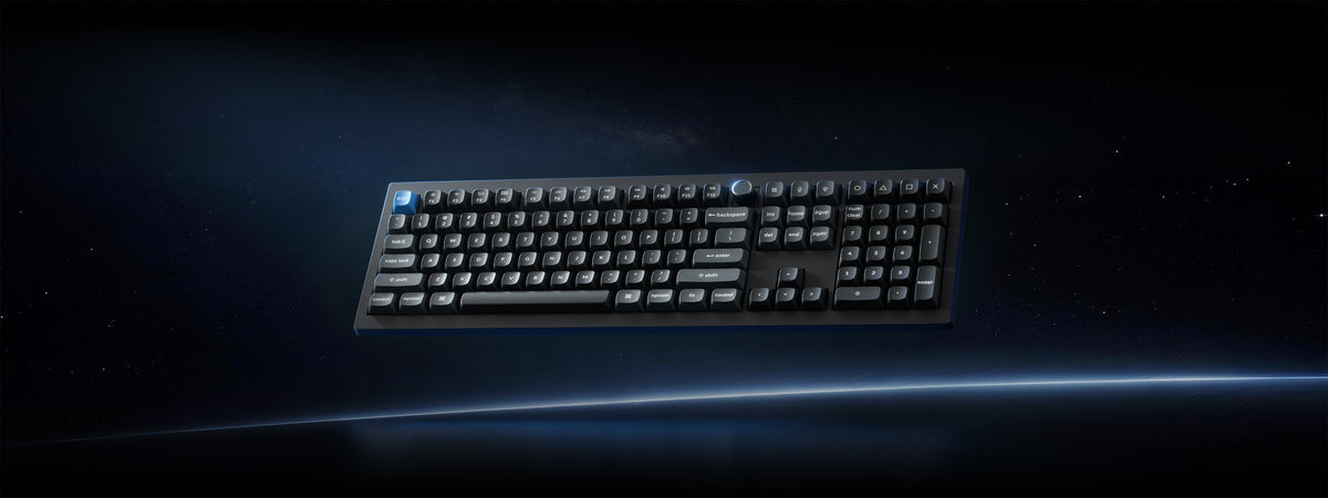 A full-sized mechanical keyboard with black keys and a blue logo on the top-left, floating against a dark space-like background with a blue horizon glow.