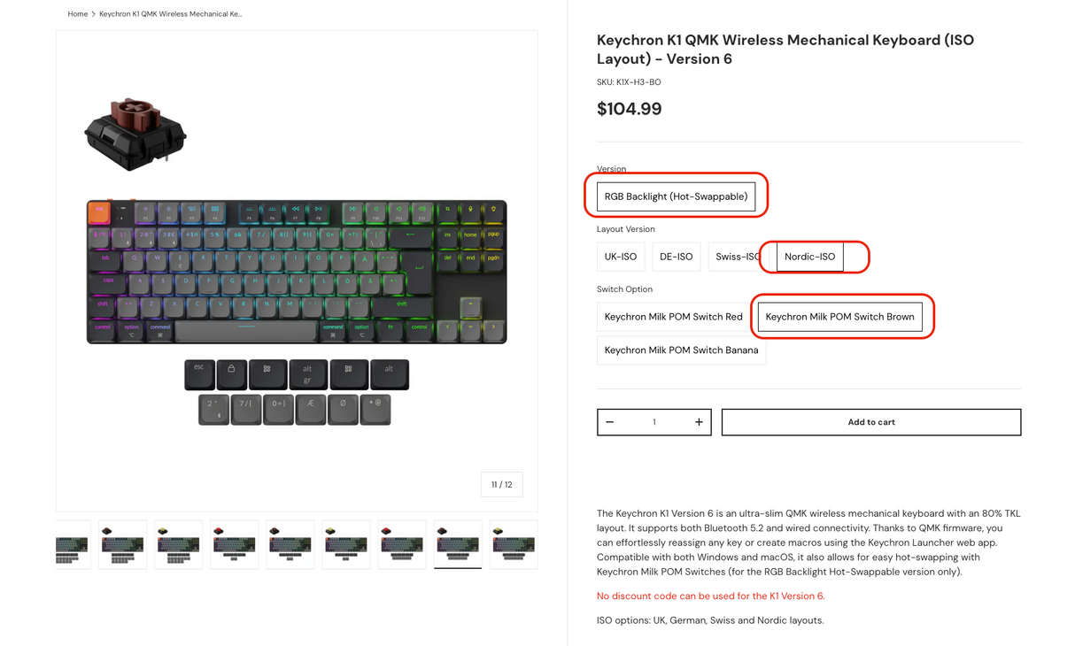 Keychron K1 QMK Wireless Mechanical Keyboard (ISO Layout) - Version 6