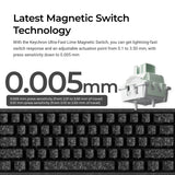 With the Keychron Ultra-Fast Lime Magnetic Switch, you can get lightning-fast
switch response and an adjustable actuation point from 0.1 to3.50 mm, with
press sensitivity down to 0.005 mm