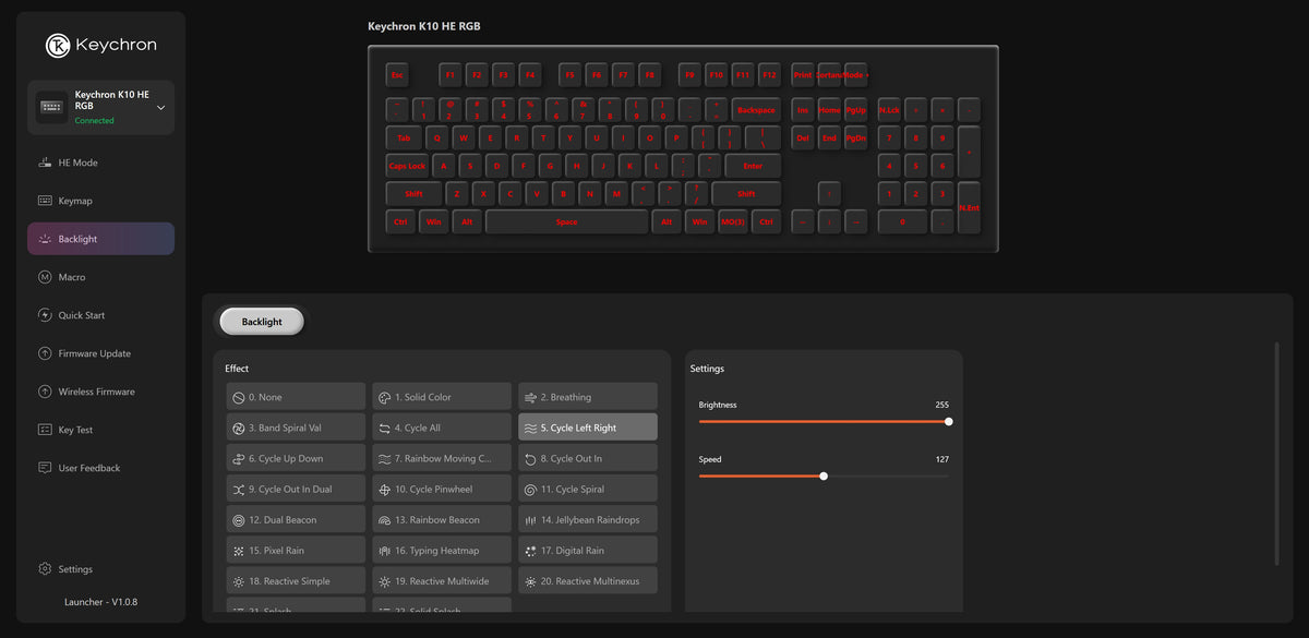 Controle de iluminação no Keychron Launcher