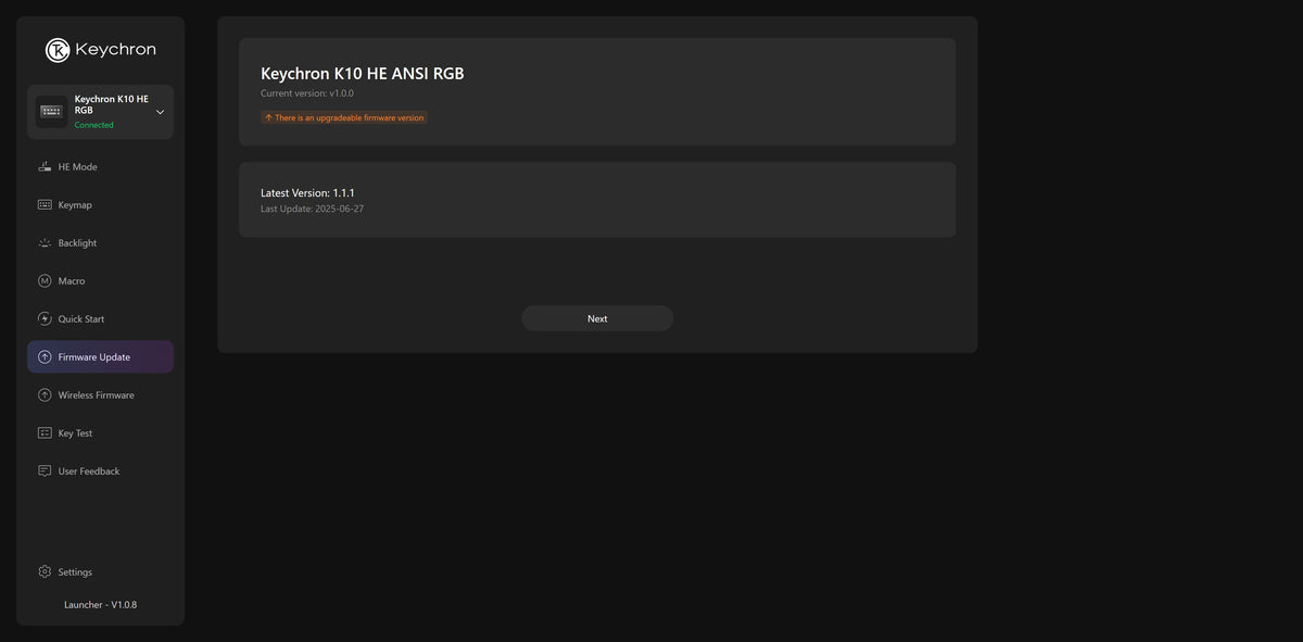 Atualização de firmware no Keychron Launcher