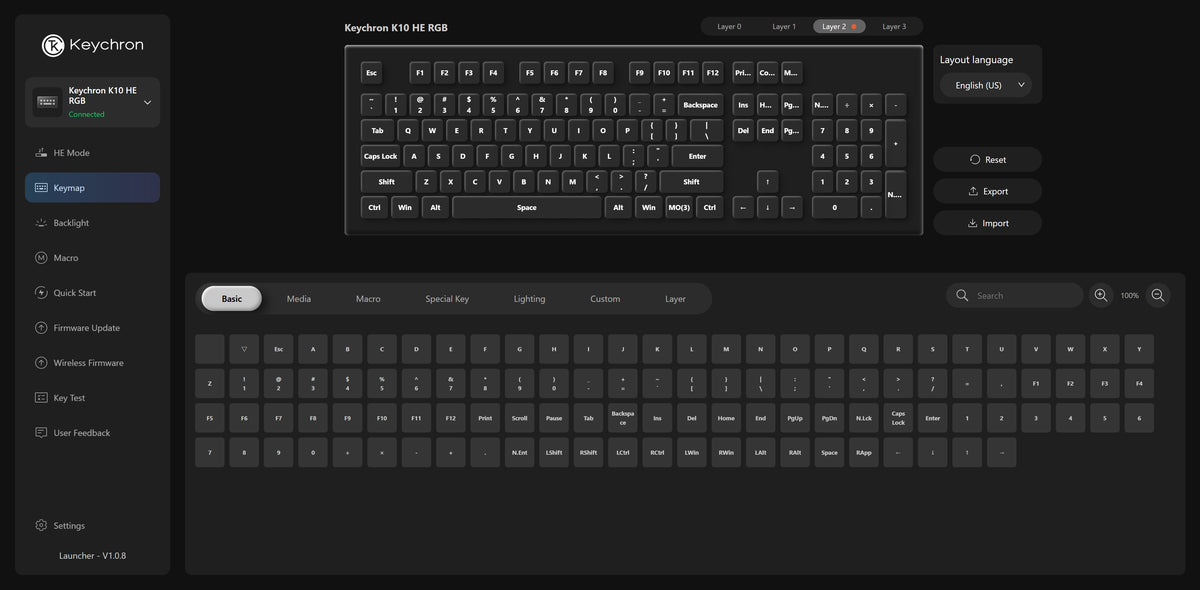 Remapeamento de teclas no Keychron Launcher