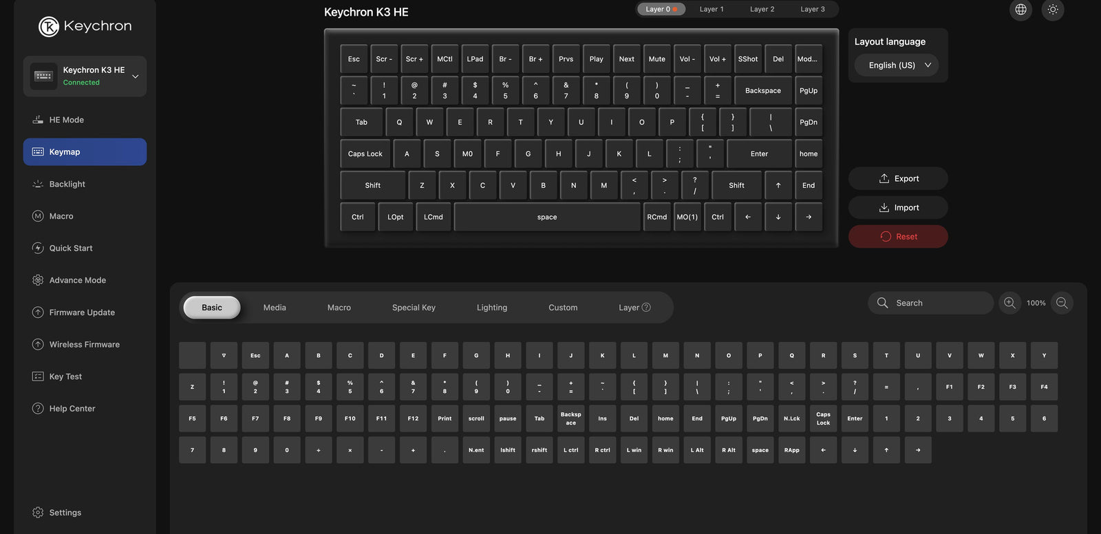 Remapeamento de teclas no Keychron Launcher