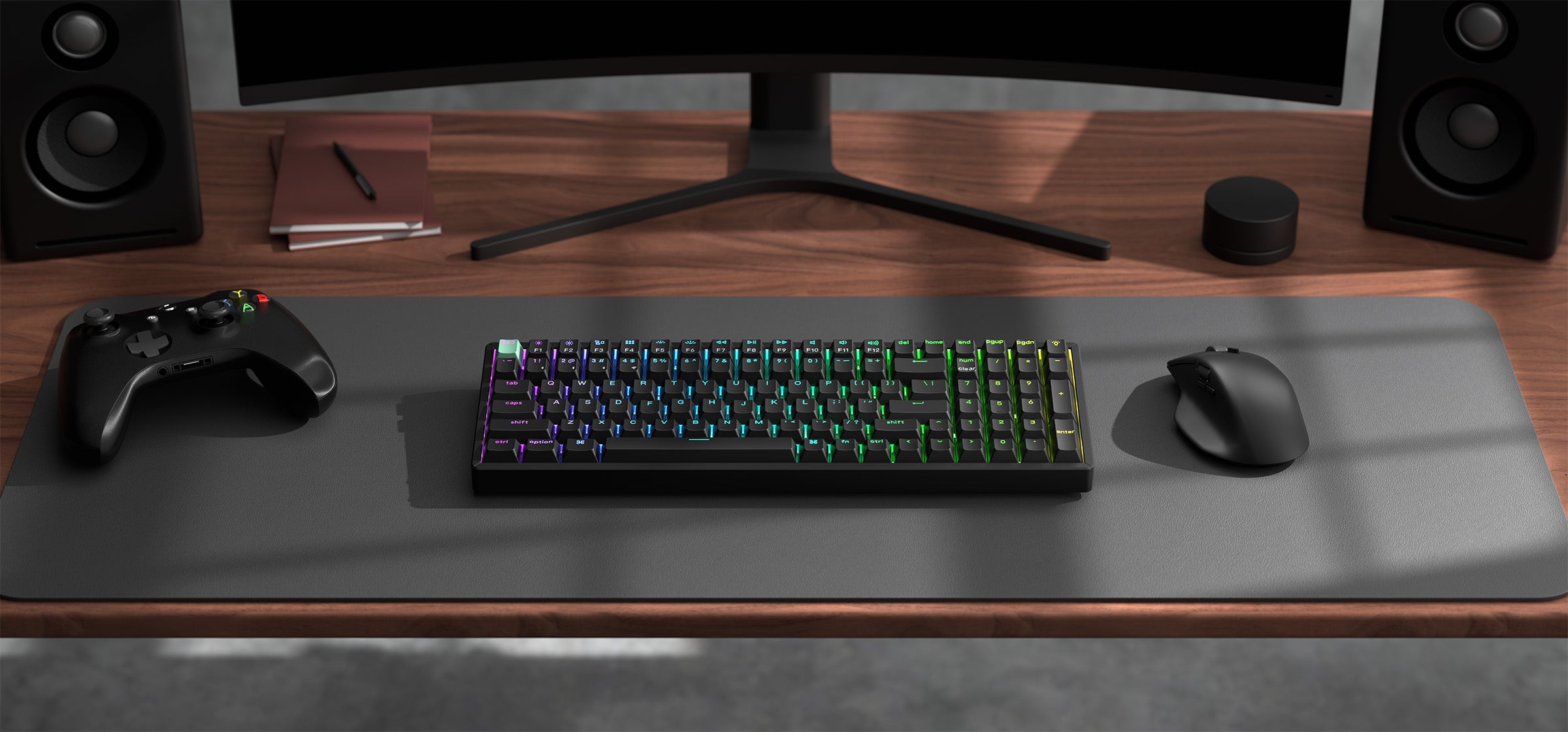 Black Keychron K4 HE Standard Version keyboard with RGB backlighting in a staged desktop scene