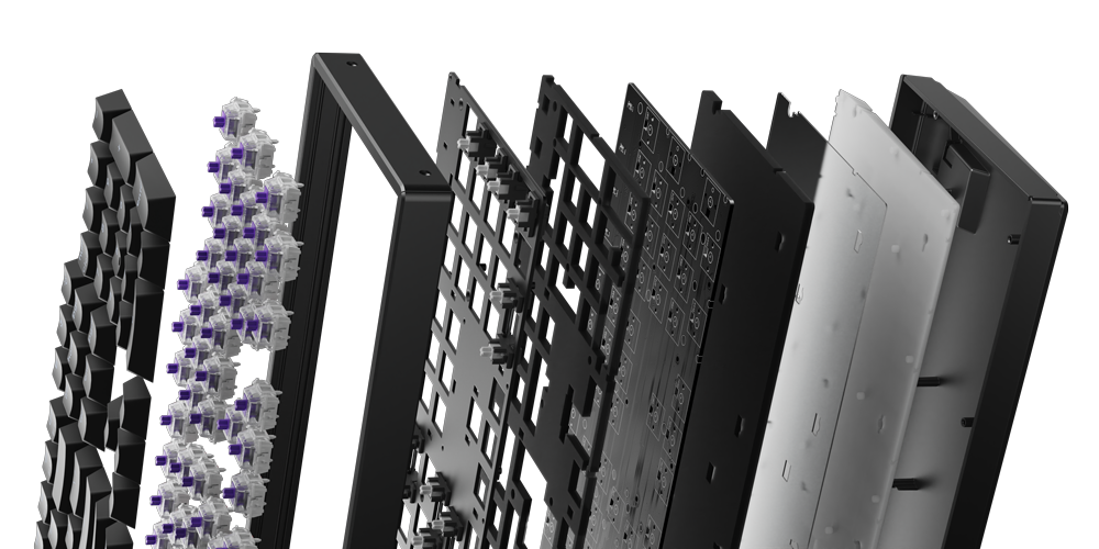 Vista explodida das camadas internas do Keychron K10 HE