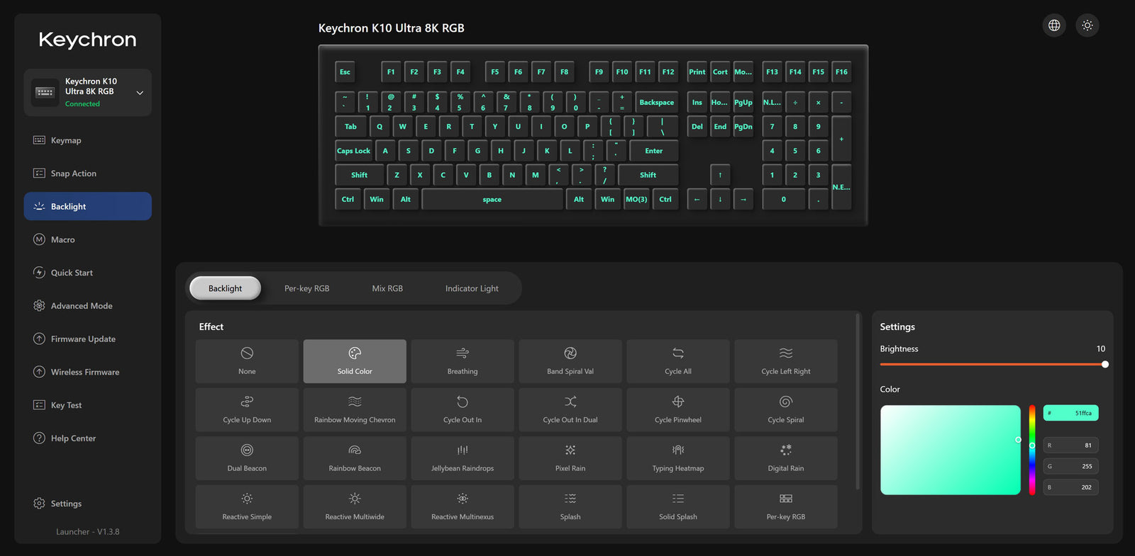 Controle de iluminação no Keychron Launcher