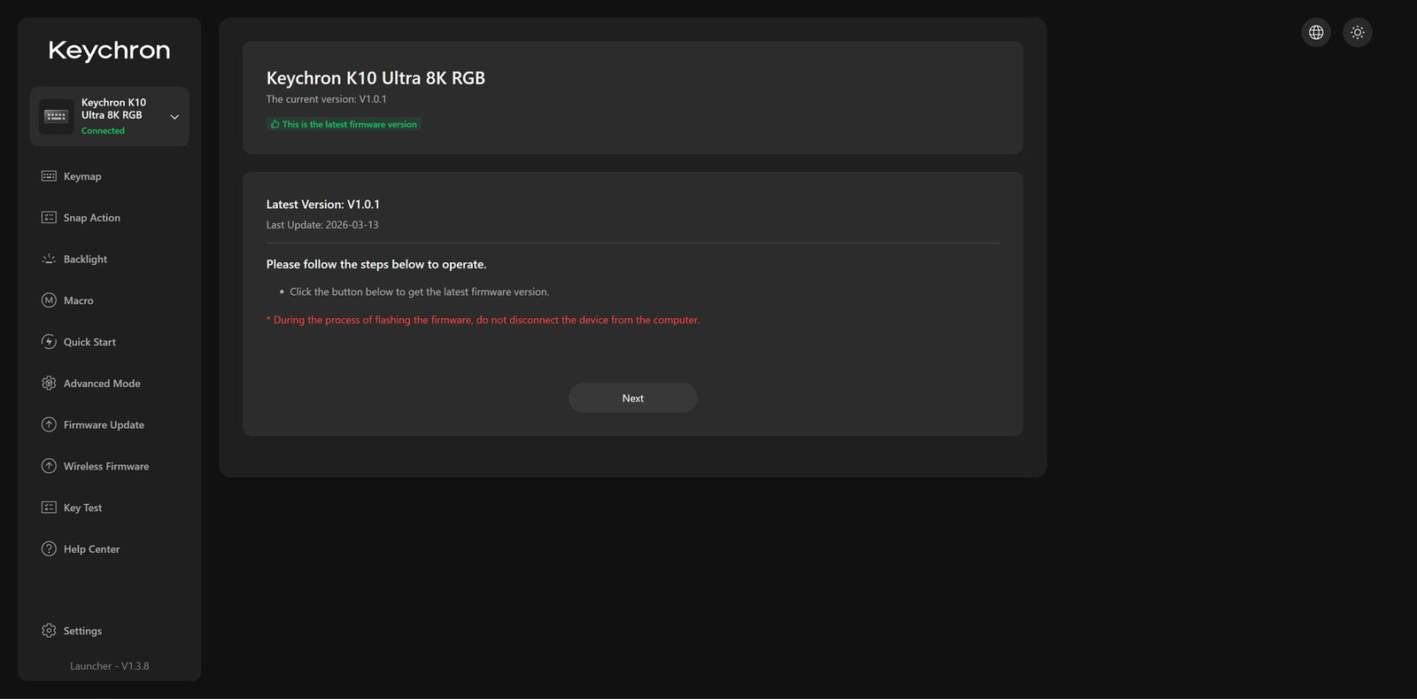 Atualização de firmware no Keychron Launcher