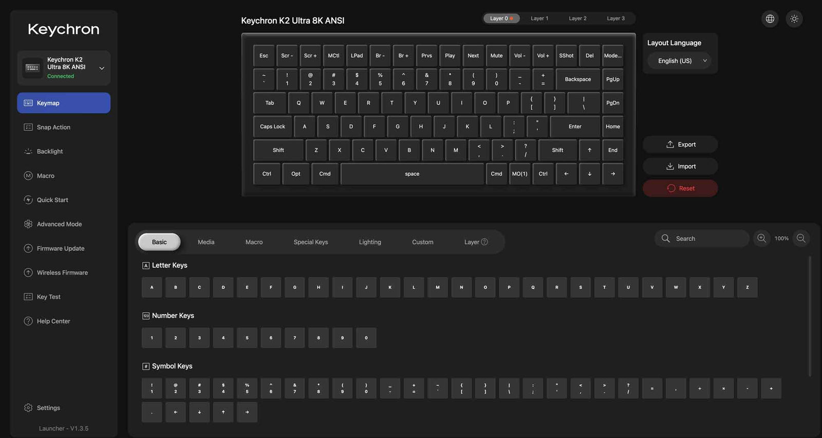 Remapeamento de teclas no Keychron Launcher