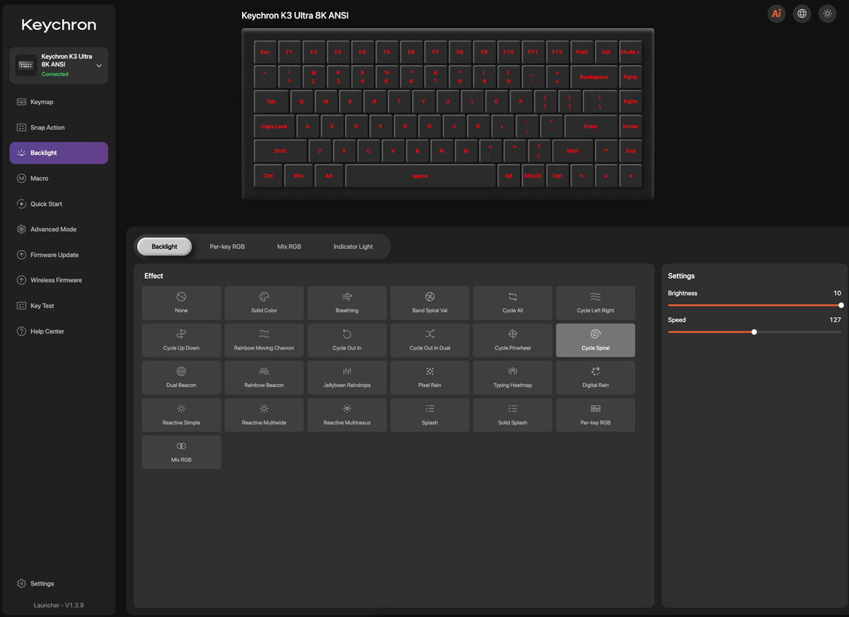 Controle de iluminação no Keychron Launcher