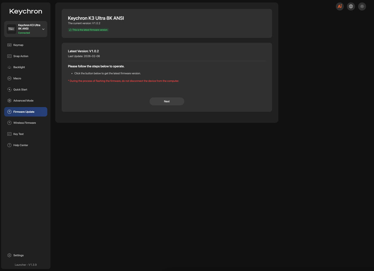 Atualização de firmware no Keychron Launcher