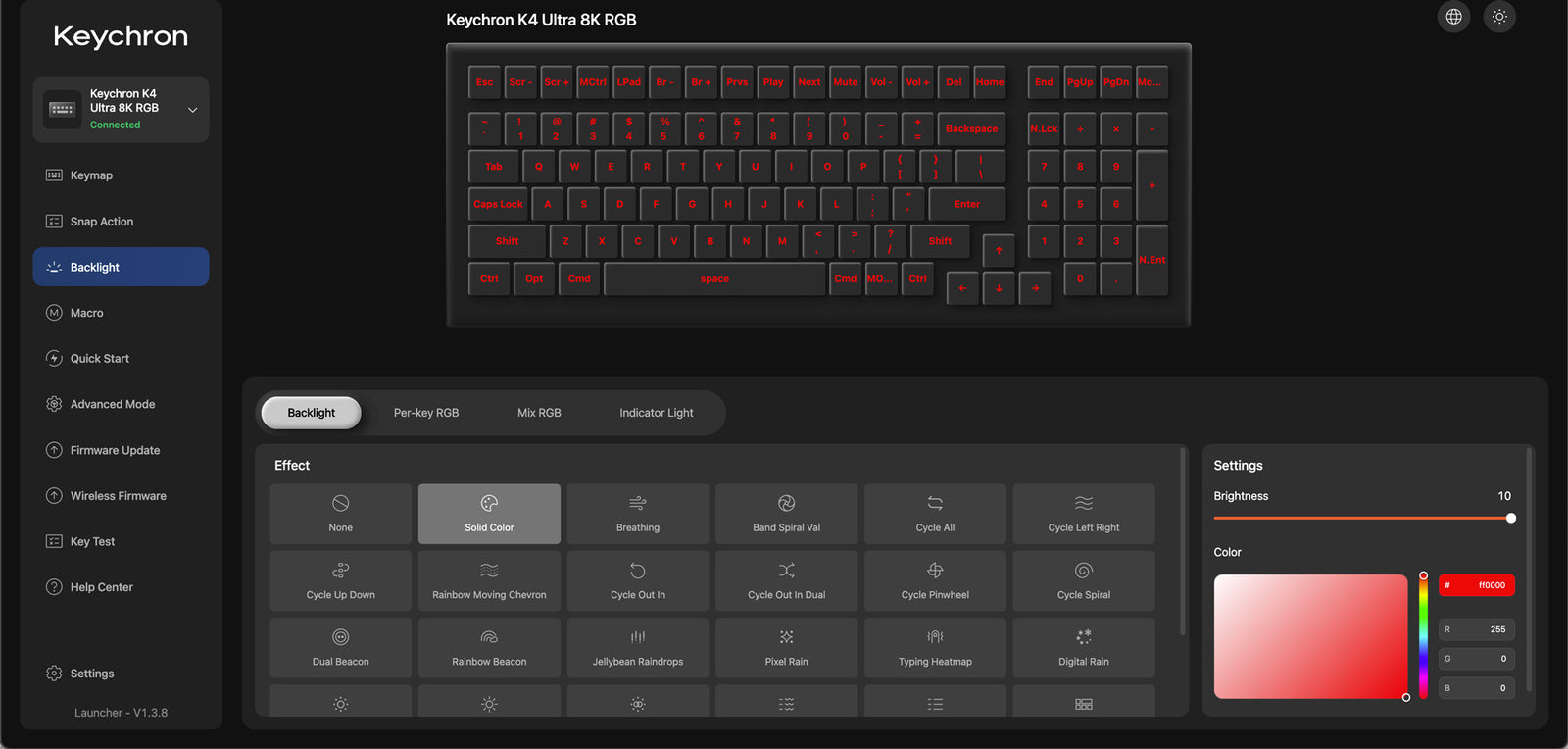 Controle de iluminação no Keychron Launcher