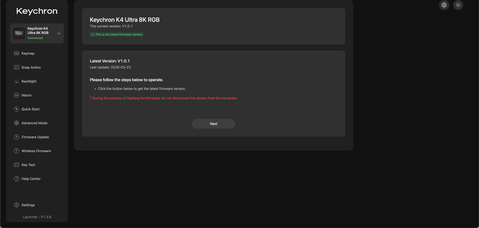 Atualização de firmware no Keychron Launcher