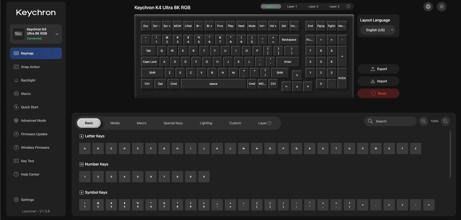Remapeamento de teclas no Keychron Launcher