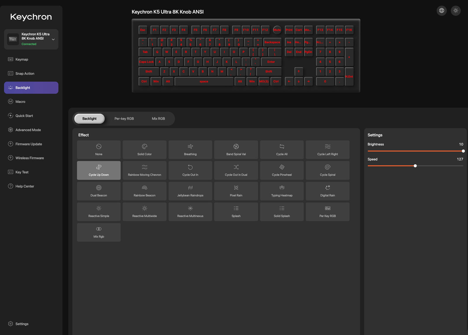 Controle de iluminação no Keychron Launcher