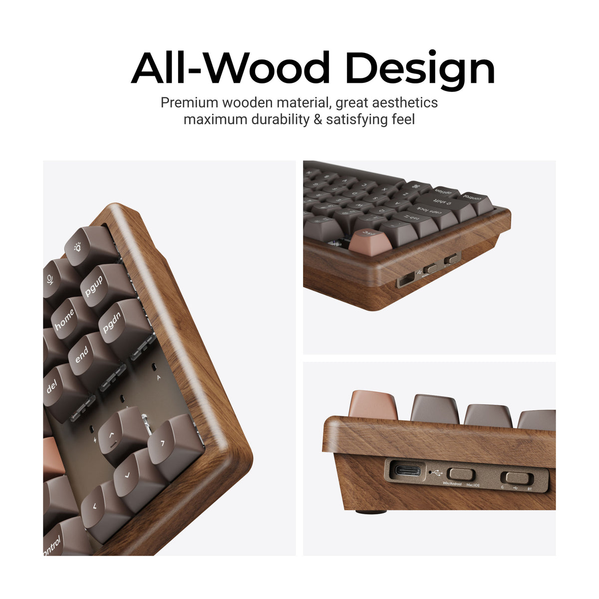 keyboard’s wooden case, side profile, and connection controls