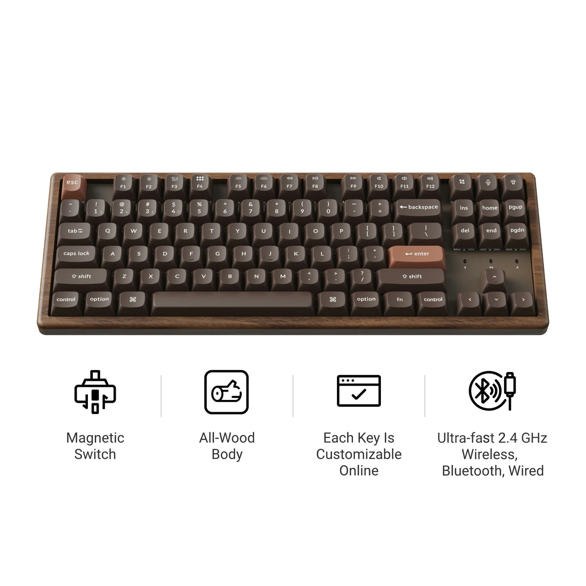Wooden mechanical keyboard with magnetic switches, customizable keys, and three connection modes