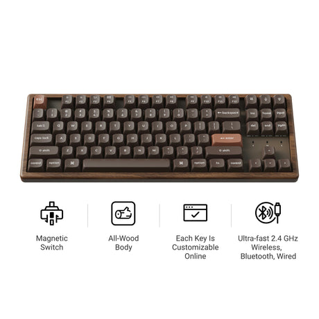 Wooden mechanical keyboard with magnetic switches, customizable keys, and three connection modes