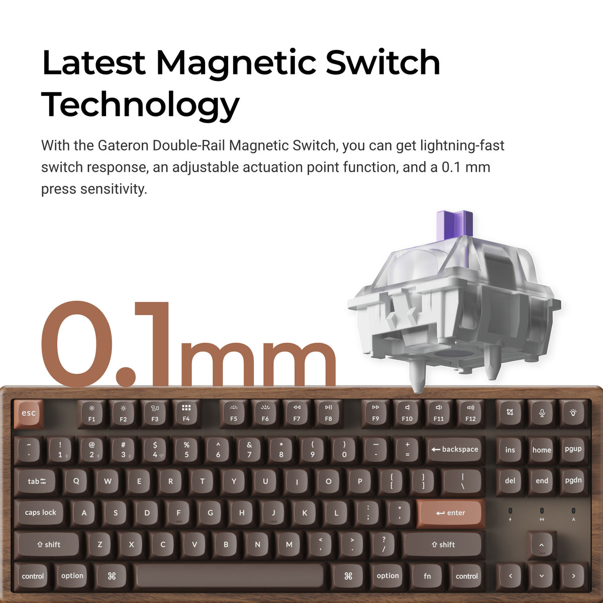 Wooden magnetic-switch keyboard with adjustable actuation and 0.1 mm sensitivity.