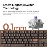 Wooden magnetic-switch keyboard with adjustable actuation and 0.1 mm sensitivity.