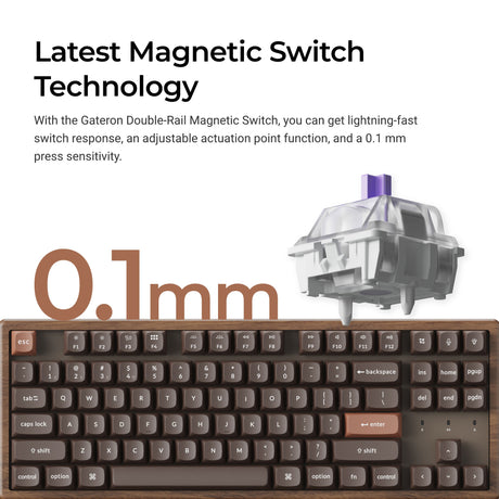 Wooden magnetic-switch keyboard with adjustable actuation and 0.1 mm sensitivity.