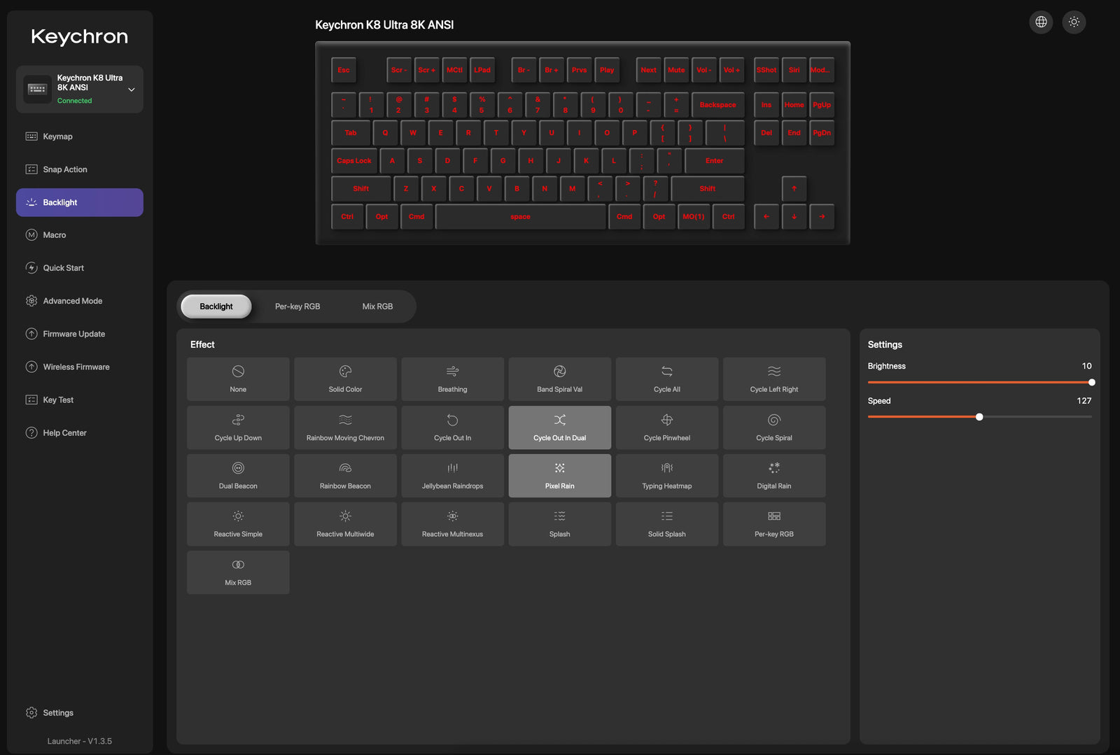 Controle de iluminação no Keychron Launcher