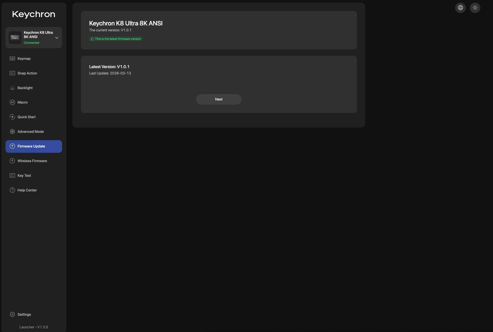 Atualização de firmware no Keychron Launcher