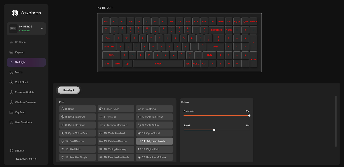 Controle de iluminação no Keychron Launcher