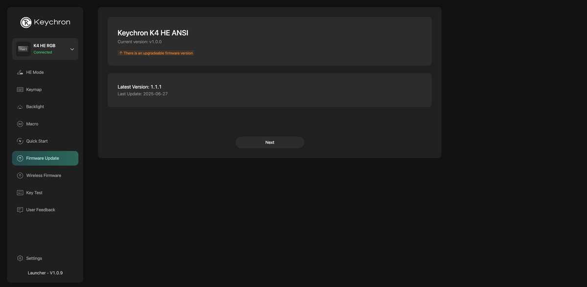 Atualização de firmware no Keychron Launcher