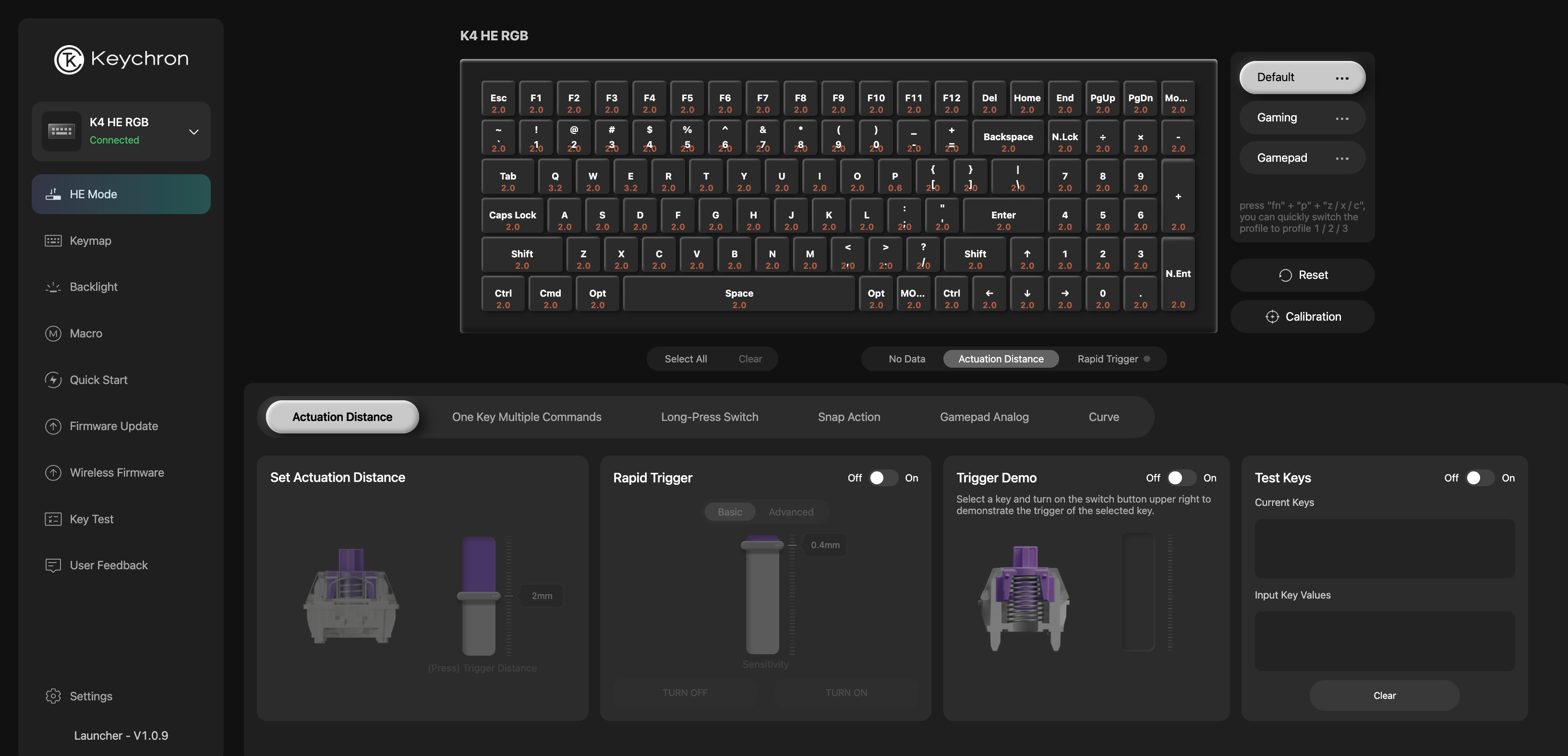 Keychron Launcher HE Mode interface for the K4 HE showing per-key actuation controls