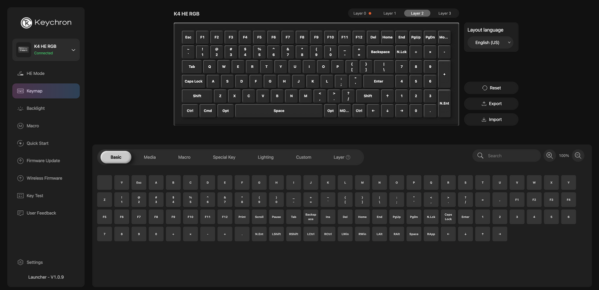 Remapeamento de teclas no Keychron Launcher