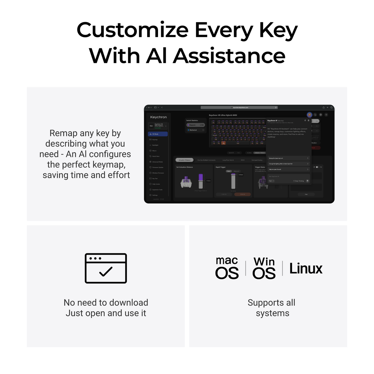Promotional graphic for Keychron AI, featuring a dark software interface screenshot in the center with text reading 'Customize Every Key With AI Assistance' and supporting claims for macOS, Windows, and Linux compatibility.