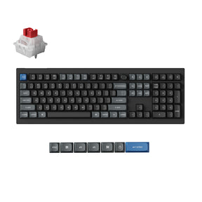 A black mechanical keyboard shown on a white background, with a small inset of a switch and a row of keycap close-ups below. The keyboard has mostly black and gray keycaps, with a blue Enter key and a blue letter key.