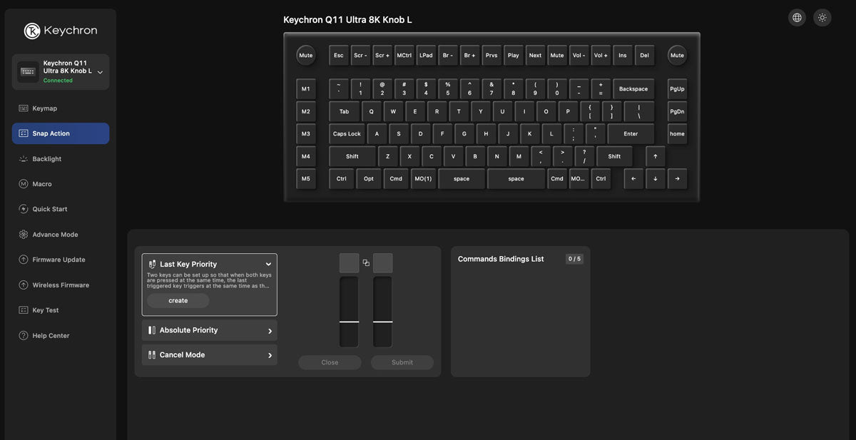 Configuração de Snap Action no Keychron Launcher