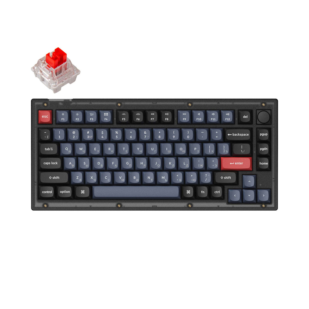 Keychron V1 QMK VIA custom mechanical keyboard 75 percent layout frosted black knob Mac Windows Linux hot-swappable Keychron K Pro switch red Russian layout