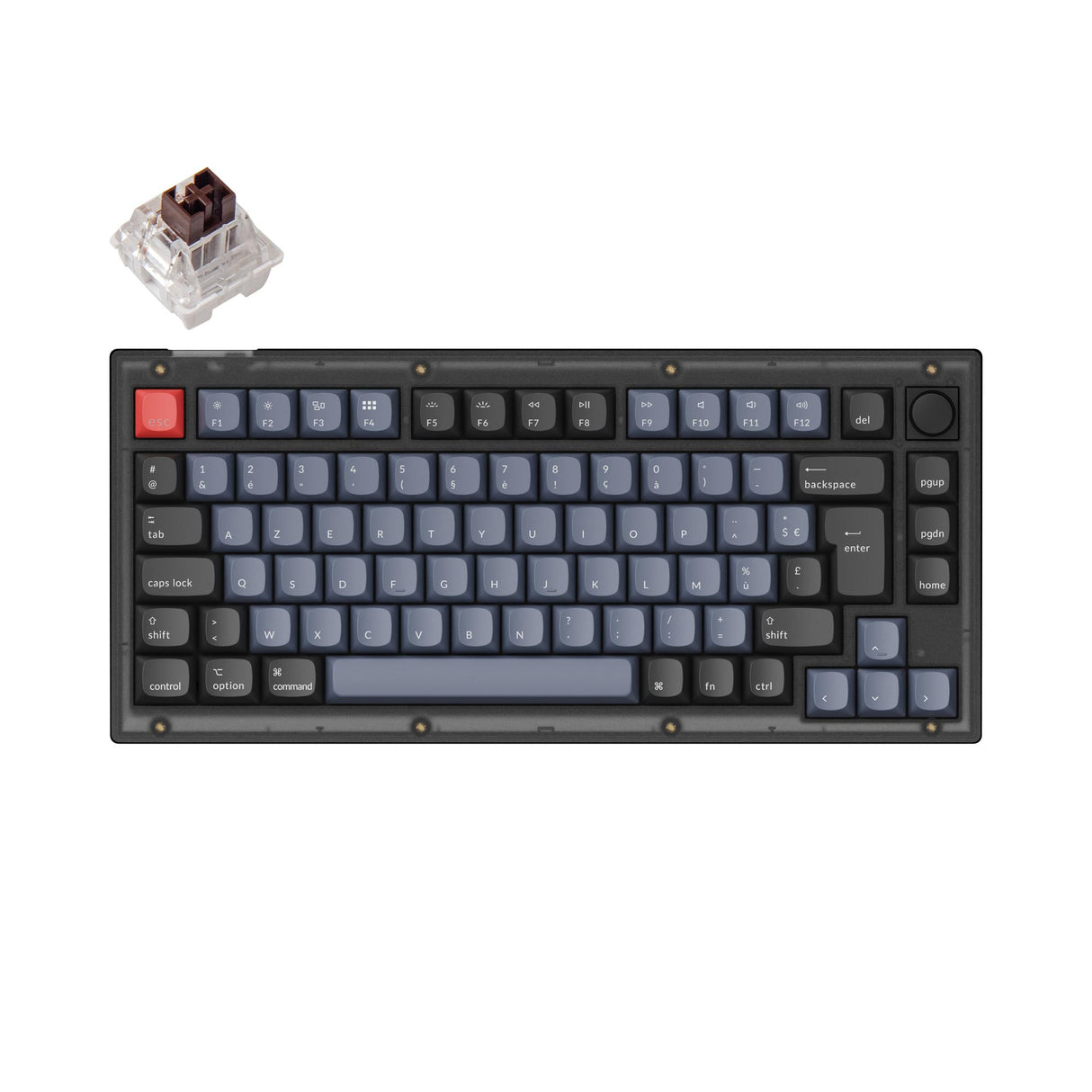 Keychron V1 QMK VIA custom mechanical keyboard 75 percent layout frosted black knob hot-swappable Keychron K Pro switch brown French ISO layout