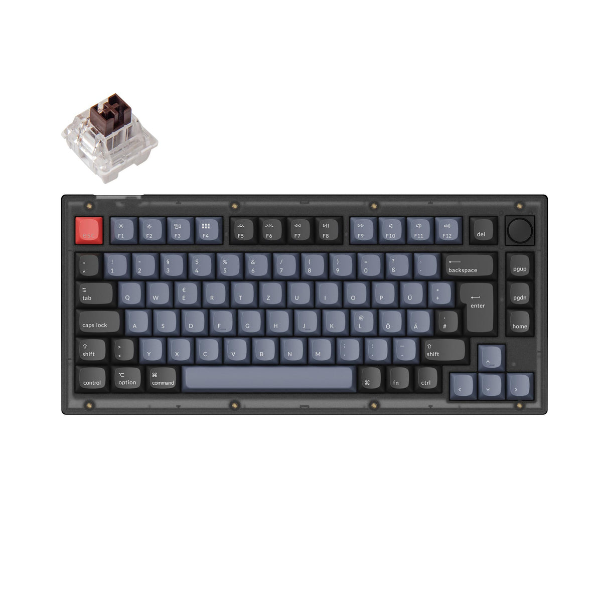 Keychron V1 QMK VIA custom mechanical keyboard 75 percent layout frosted black knob hot-swappable Keychron K Pro switch brown German ISO layout