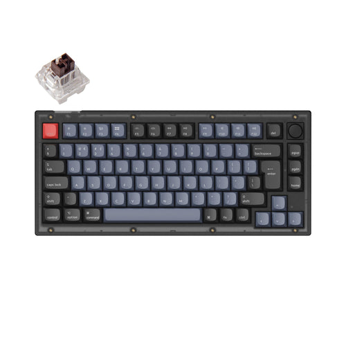 Keychron V1 QMK VIA custom mechanical keyboard 75 percent layout frosted black knob hot-swappable Keychron K Pro switch brown UK ISO layout