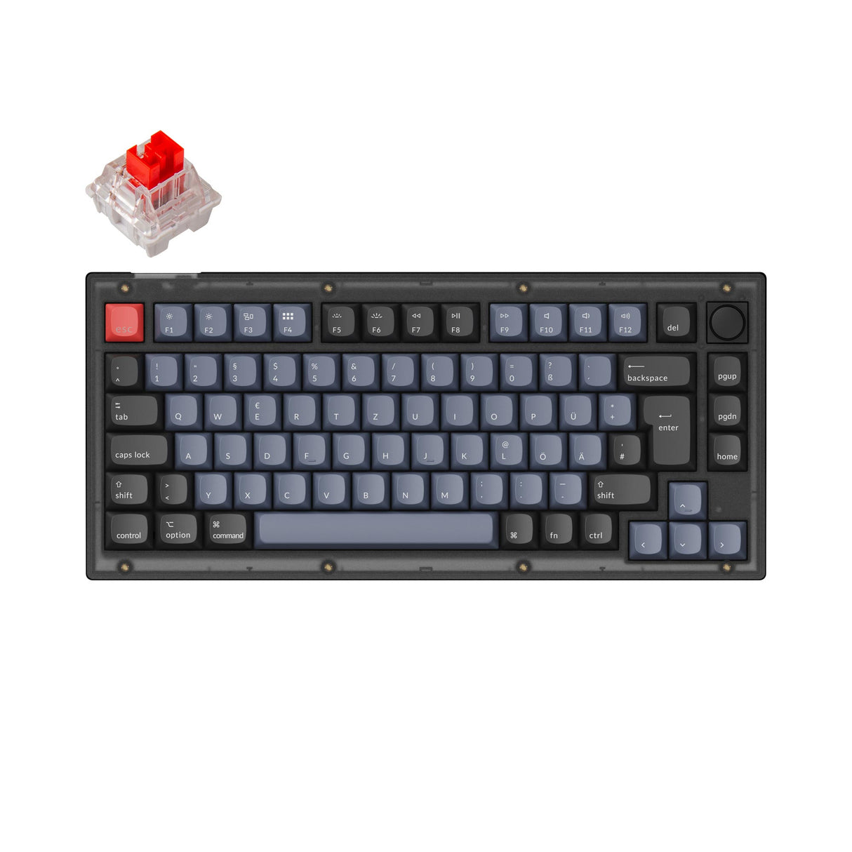 Keychron V1 QMK VIA custom mechanical keyboard 75 percent layout frosted black knob hot-swappable Keychron K Pro switch red German ISO layout